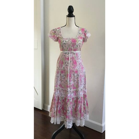 LoveShackFancy 🌷 Cottagecore Pink Floral Embroidered Lace Rare Midi Dress sz 0 - Picture 2 of 15